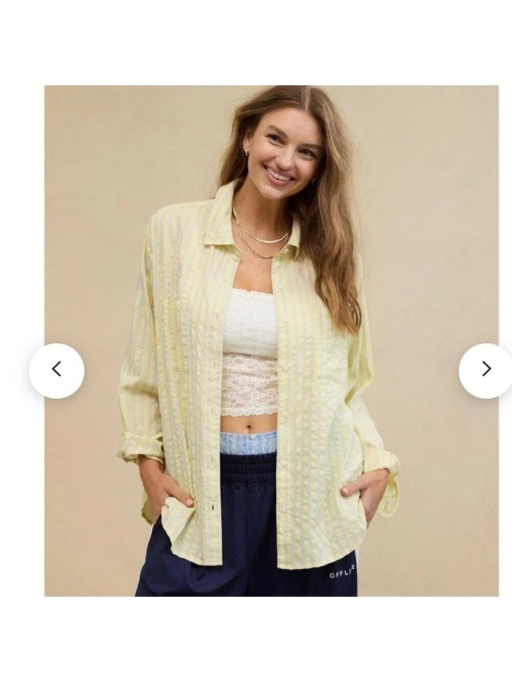 Aerie Off Duty Seersucker Shirt Woman XXL Yellow Stripped Oversized Preppy 2024